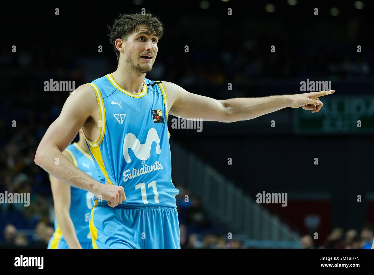 Madrid, Spain. 11th Dec, 2022. Player Hector Alderete of Movistar  Estudiantes seen in action during the Spanish league, Liga LEB Oro,  basketball match between Movistar Estudiantes and TAU Castello at Wizink  Center