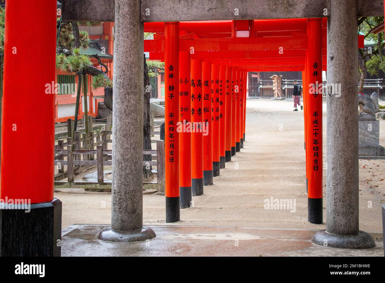 A set of orange gates at Sumiyoshijinja (the Japanese Shinto shrine) on a rainy day in November