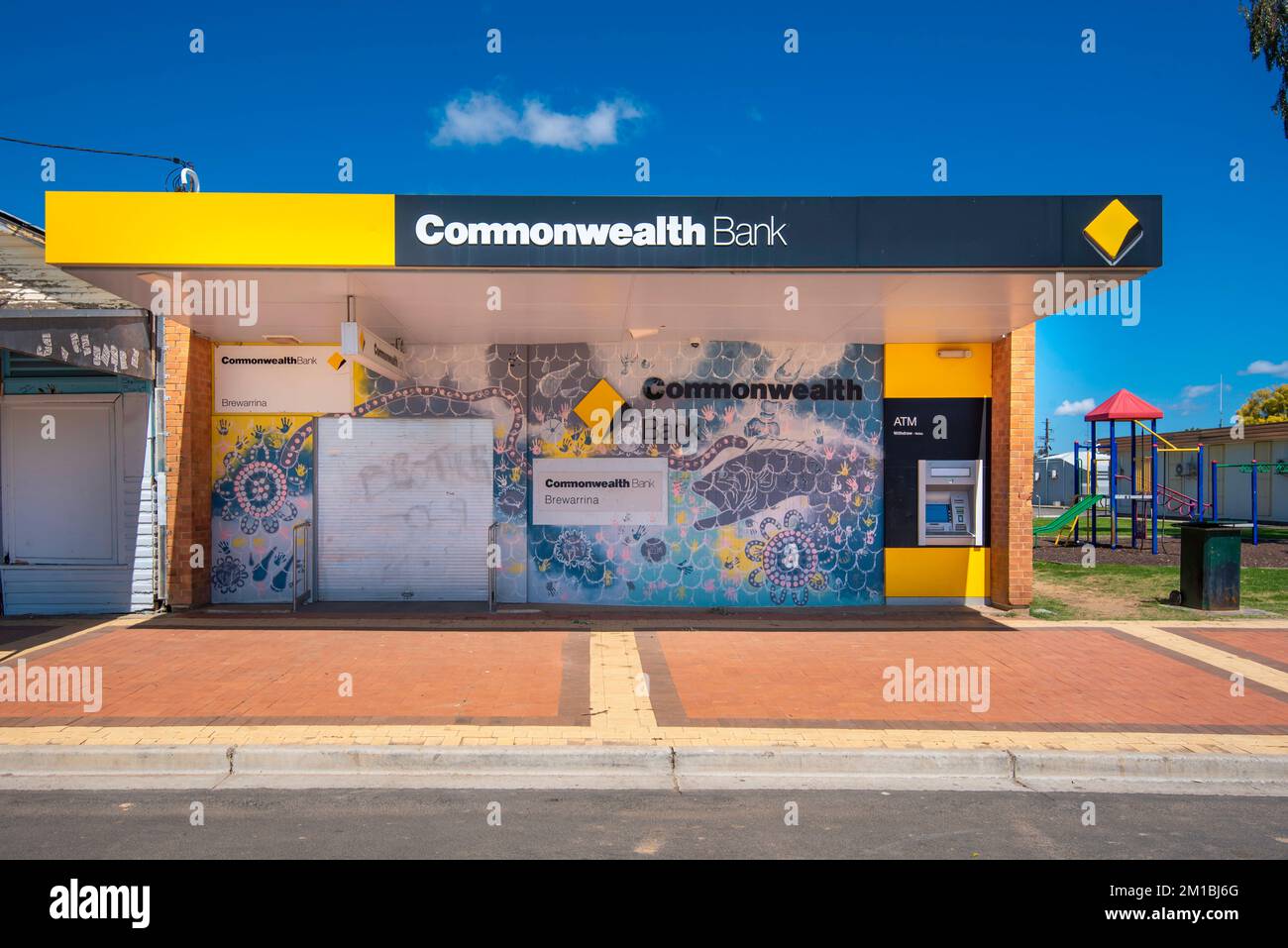 The Commonwealth Bank branch (closed on Sundays) in the main street of the New South Wales outback town of Brewarrina in Australia Stock Photo