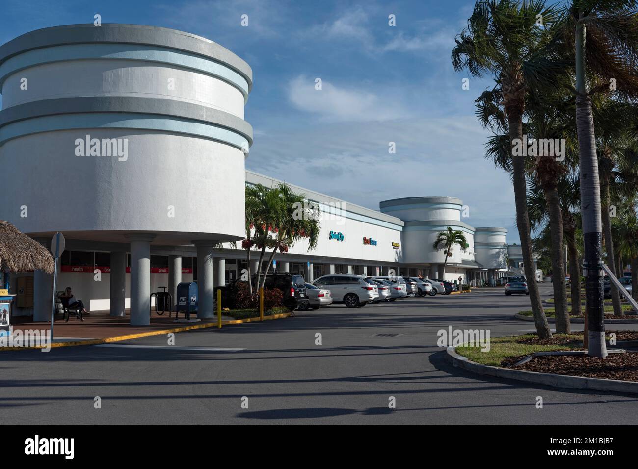 St Petes Beach, Florida, USA. 2022.  Exterior of shopping complex at St Pete's Beach Florida USA. Parking lot. Stock Photo