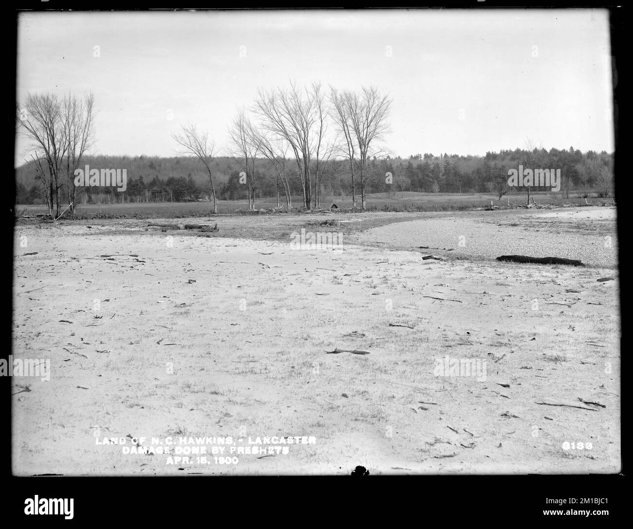 Wachusett Reservoir, N. C. Hawkins' land, damage done by freshets, Lancaster, Mass., Apr. 15, 1900 , waterworks, reservoirs water distribution structures, watershed sanitary improvement Stock Photo