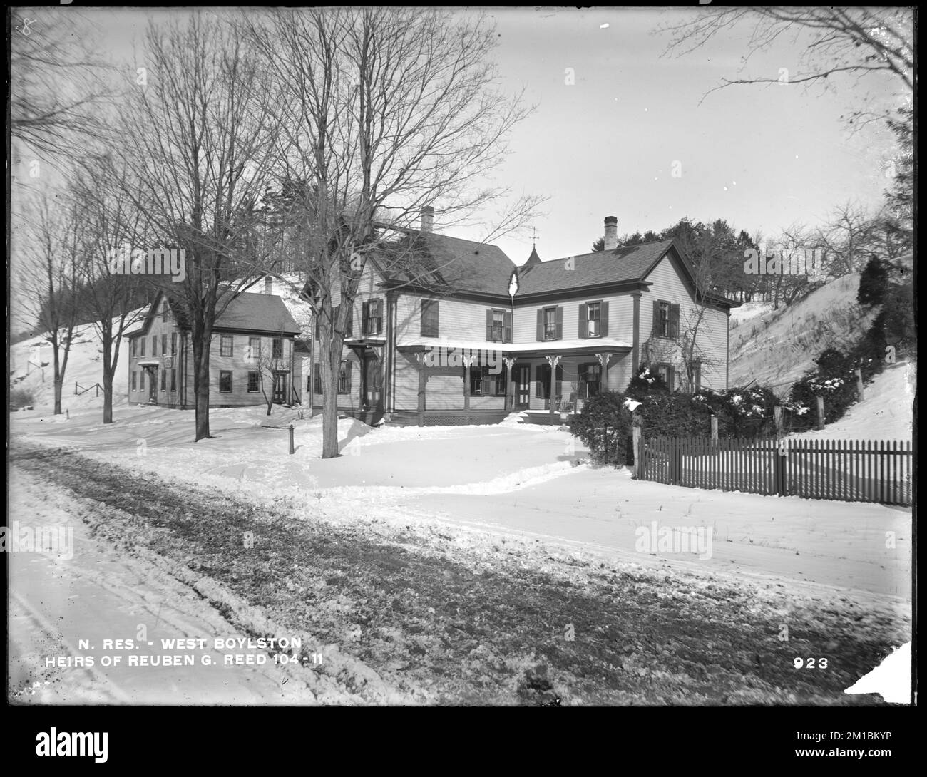 Wachusett Reservoir, Reuben G. Reed's heirs' buildings, on the east side of North Main Street, from the south in North Main Street, West Boylston, Mass., Dec. 17, 1896 , waterworks, reservoirs water distribution structures, real estate Stock Photo