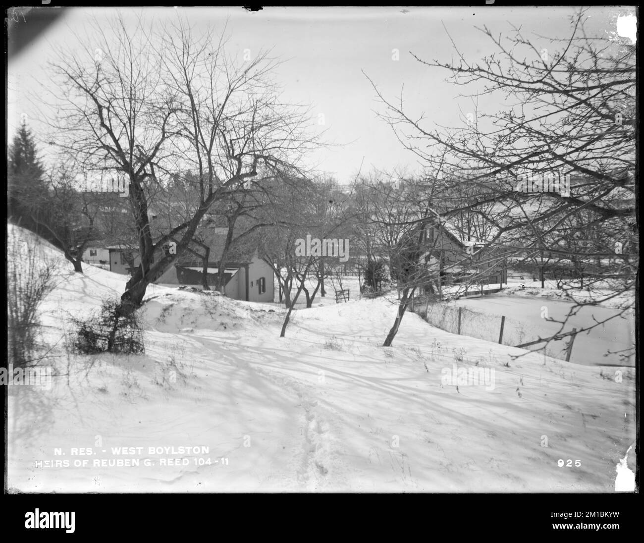 Wachusett Reservoir, Reuben G. Reed's heirs' buildings, on the east side of North Main Street, from the north in orchard back of the buildings, West Boylston, Mass., Dec. 17, 1896 , waterworks, reservoirs water distribution structures, real estate Stock Photo