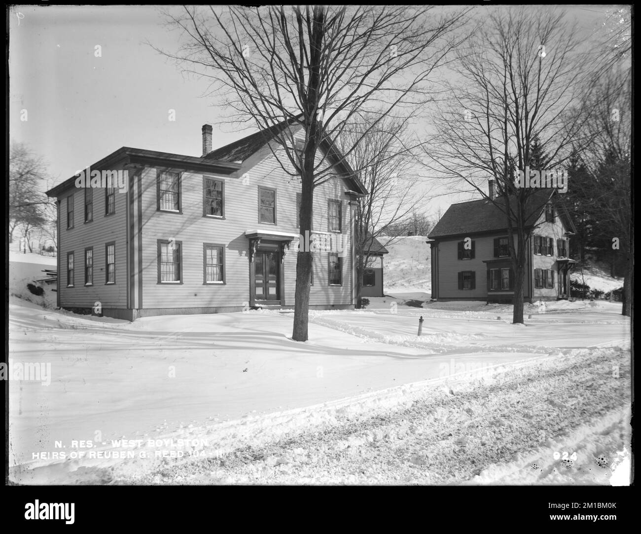 Wachusett Reservoir, Reuben G. Reed's heirs' buildings, on the east side of North Main Street, from the west in North Main Street, West Boylston, Mass., Dec. 17, 1896 , waterworks, reservoirs water distribution structures, real estate, identification signs Stock Photo