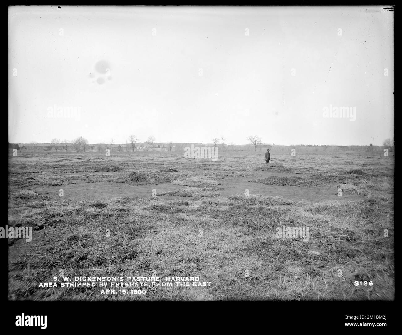 Wachusett Reservoir, S. W. Dickinson's pasture, area stripped by freshets, from the east, Harvard, Mass., Apr. 15, 1900 , waterworks, reservoirs water distribution structures, watershed sanitary improvement Stock Photo