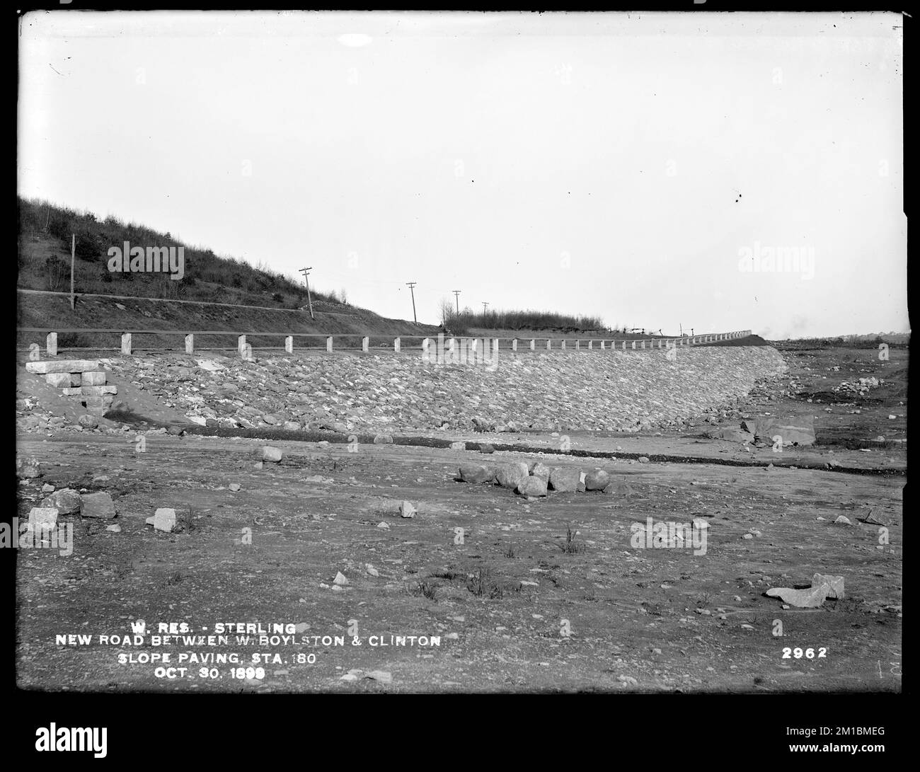 Wachusett Reservoir, slope paving on new road between West Boylston and