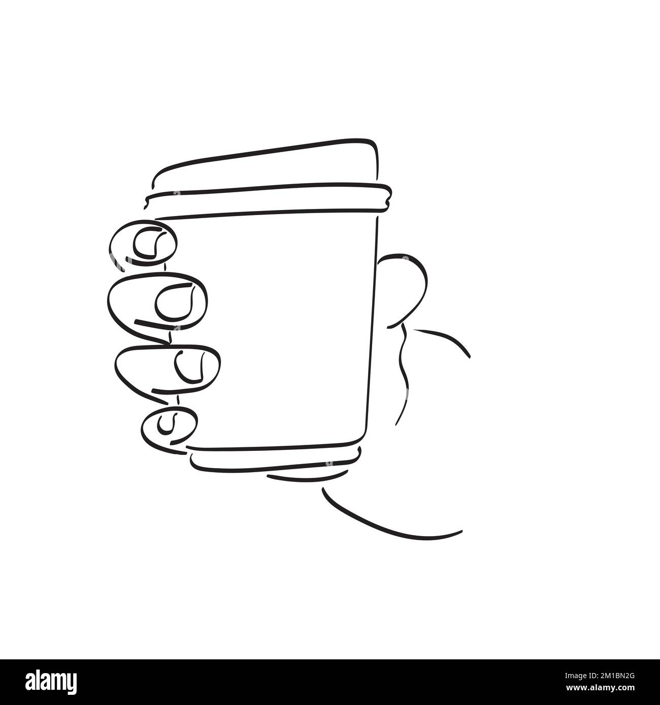 line art closeup hand holding takeaway hot coffee cup illustration