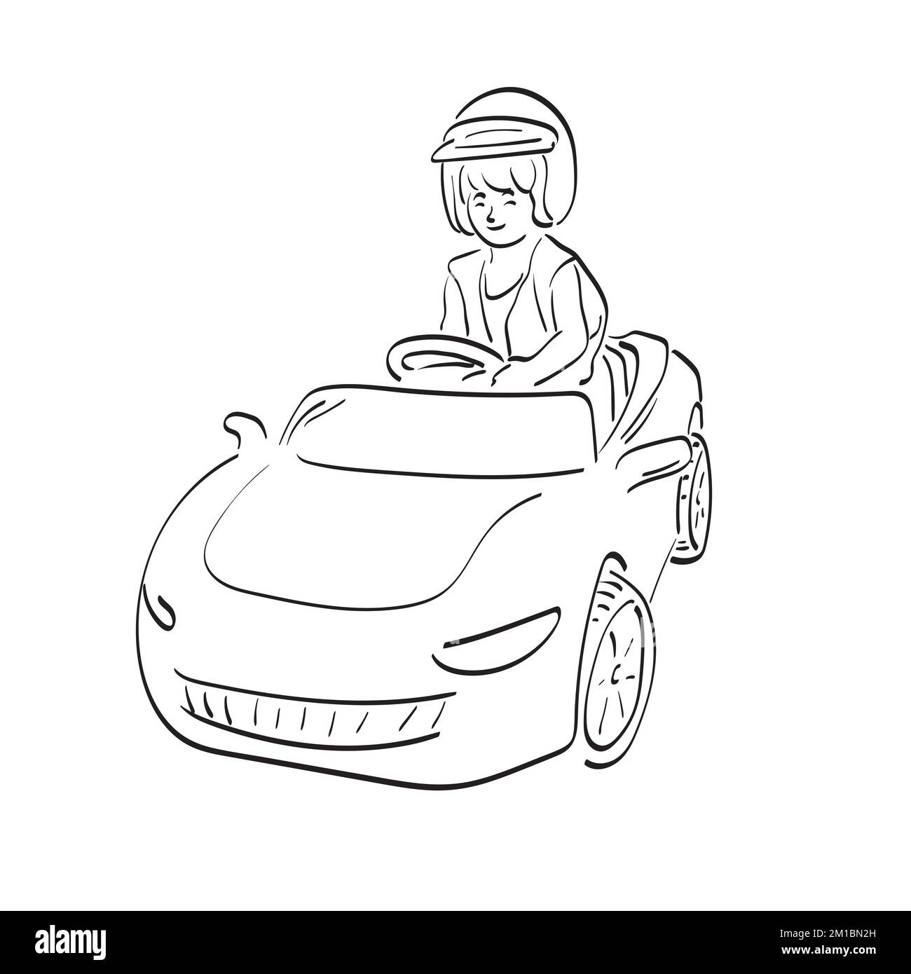 line art boy with helmet playing car toy illustration vector hand drawn isolated on white background Stock Vector
