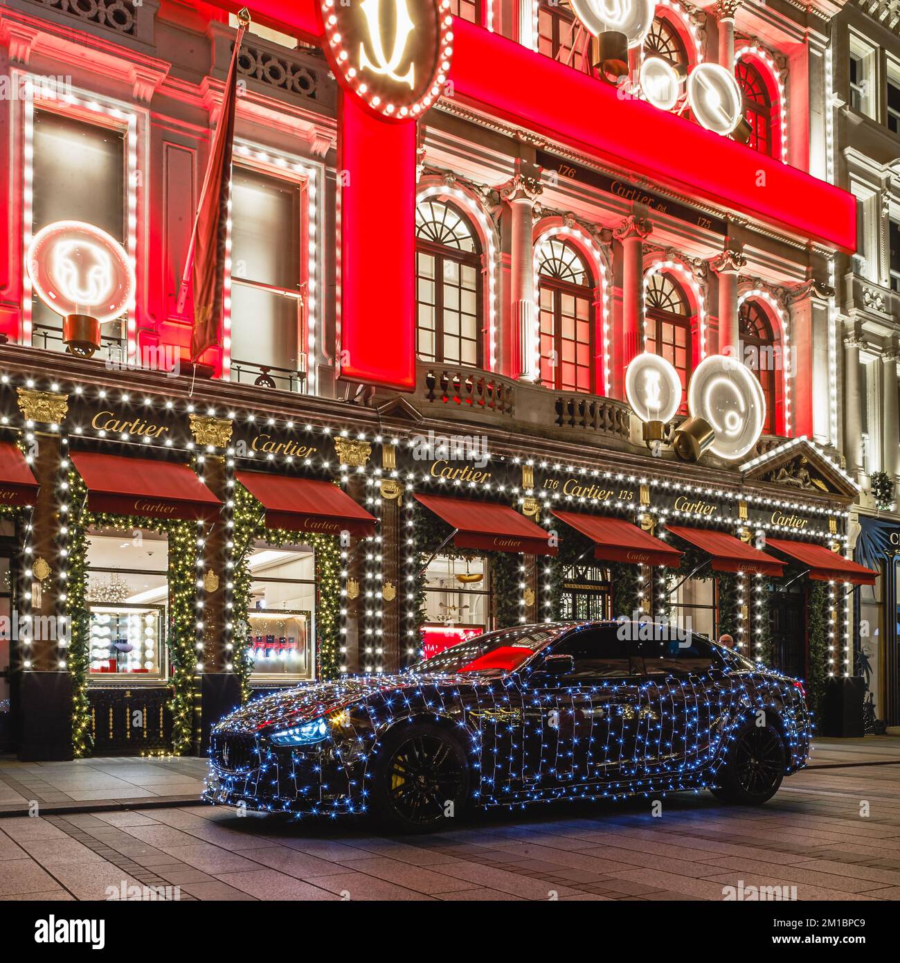 Christmas lights and decorations outside the Cartier Store