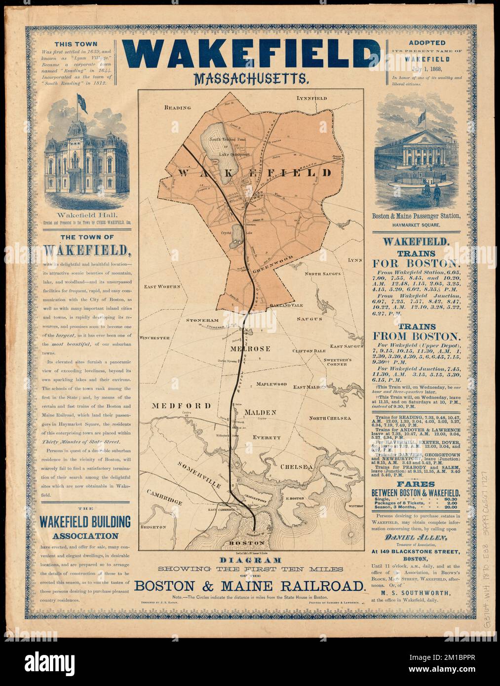 Wakefield, Massachusetts : diagram showing the first ten miles of the Boston & Maine Railroad , Boston and Maine Railroad, Maps, Railroads, Massachusetts, Boston, Maps, Railroads, Massachusetts, Wakefield, Maps, Wakefield Mass., Maps, Boston Mass., Maps Norman B. Leventhal Map Center Collection Stock Photo