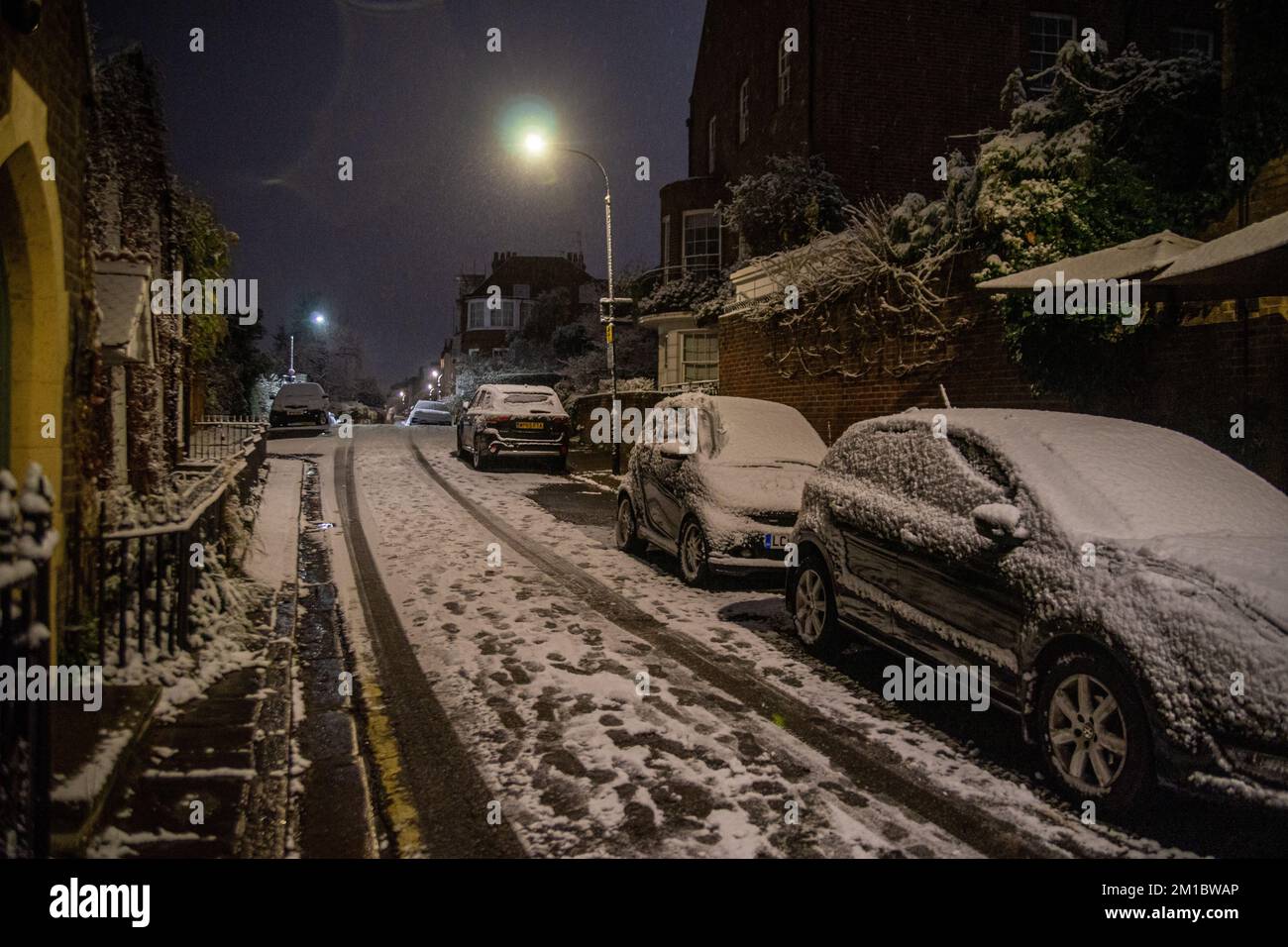 London, UK. 11th Dec, 2022. Snow Envelops Chiswick Mall and the High