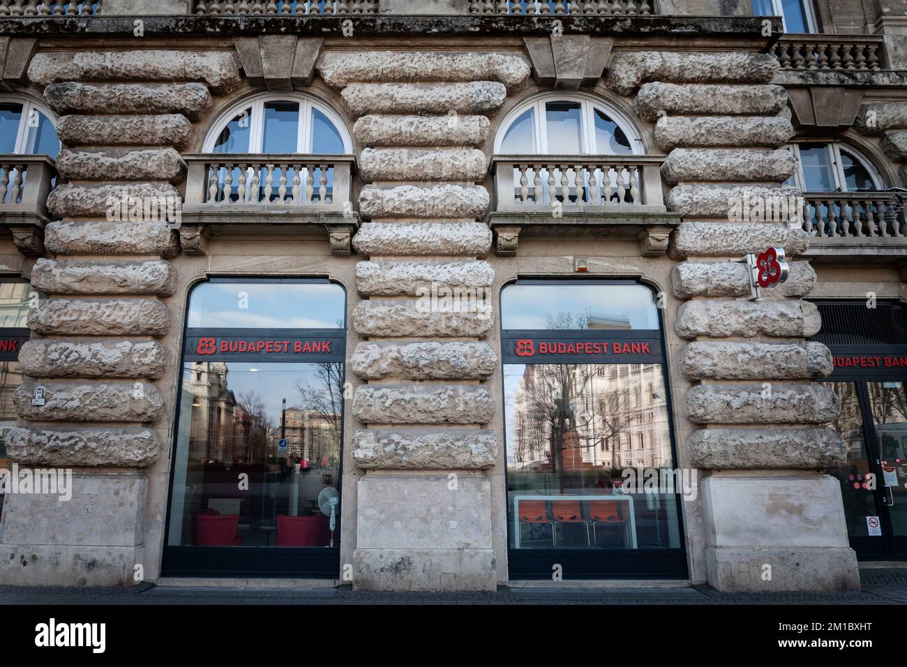 Picture of a Budapest Bank sign on their branch in Budapest, Hungary. Budapest Bank is a commercial bank founded in 1987, formerly belonging to GE Cap Stock Photo