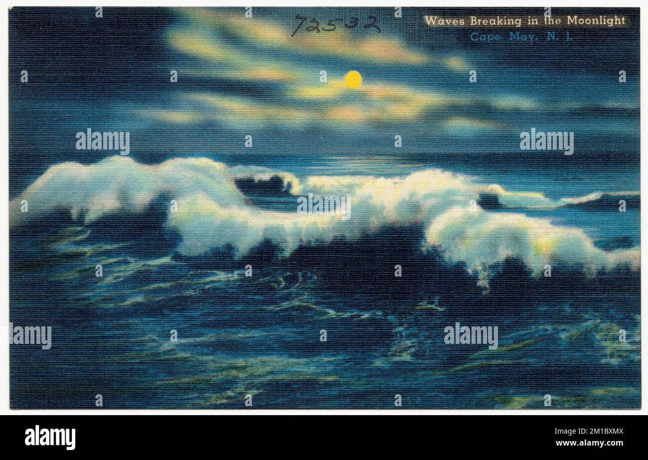 Waves breaking in the moonlight , Beaches, Tichnor Brothers Collection