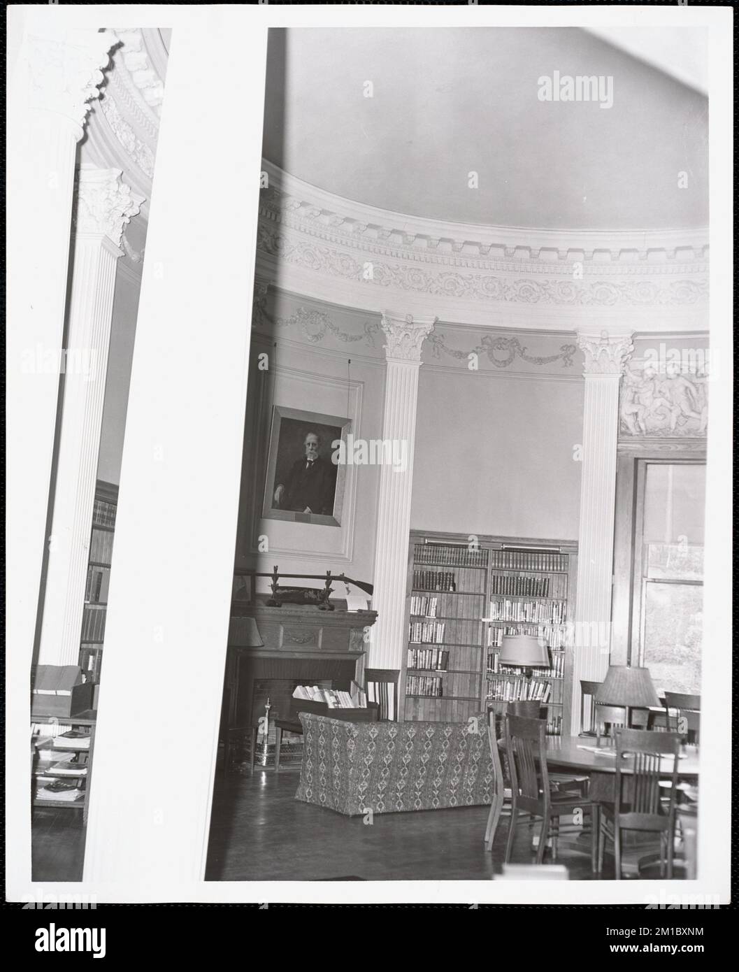Wayland Library, round room, east fireplace, couch , Public libraries