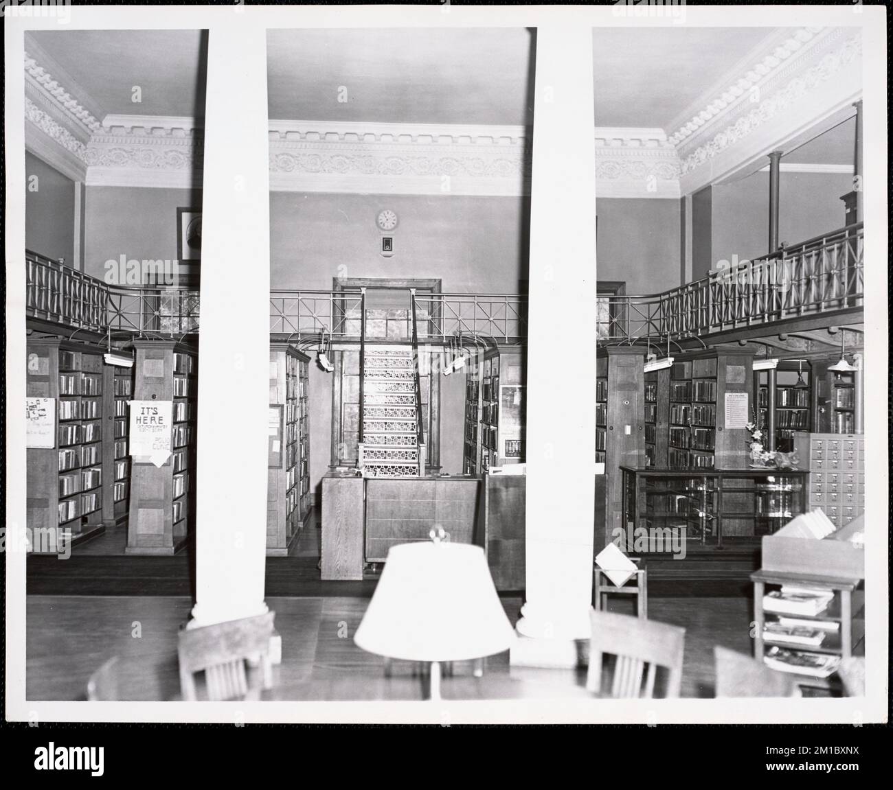 Wayland Library, catwalk from round room , Public libraries, Columns