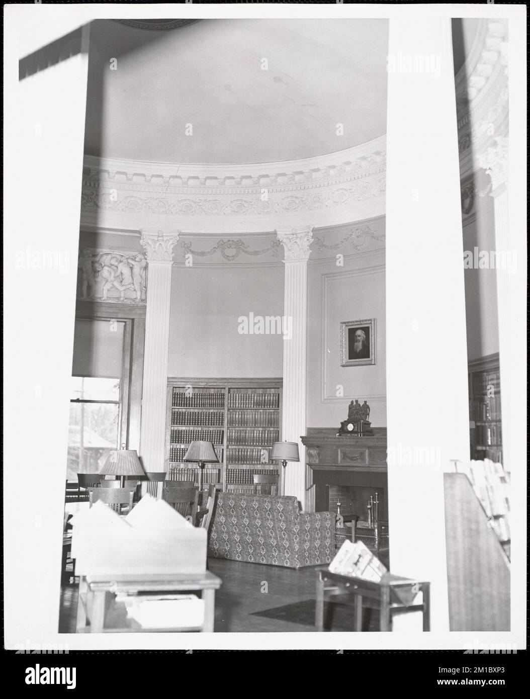 Wayland Library, round room, west fireplace , Public libraries, Columns