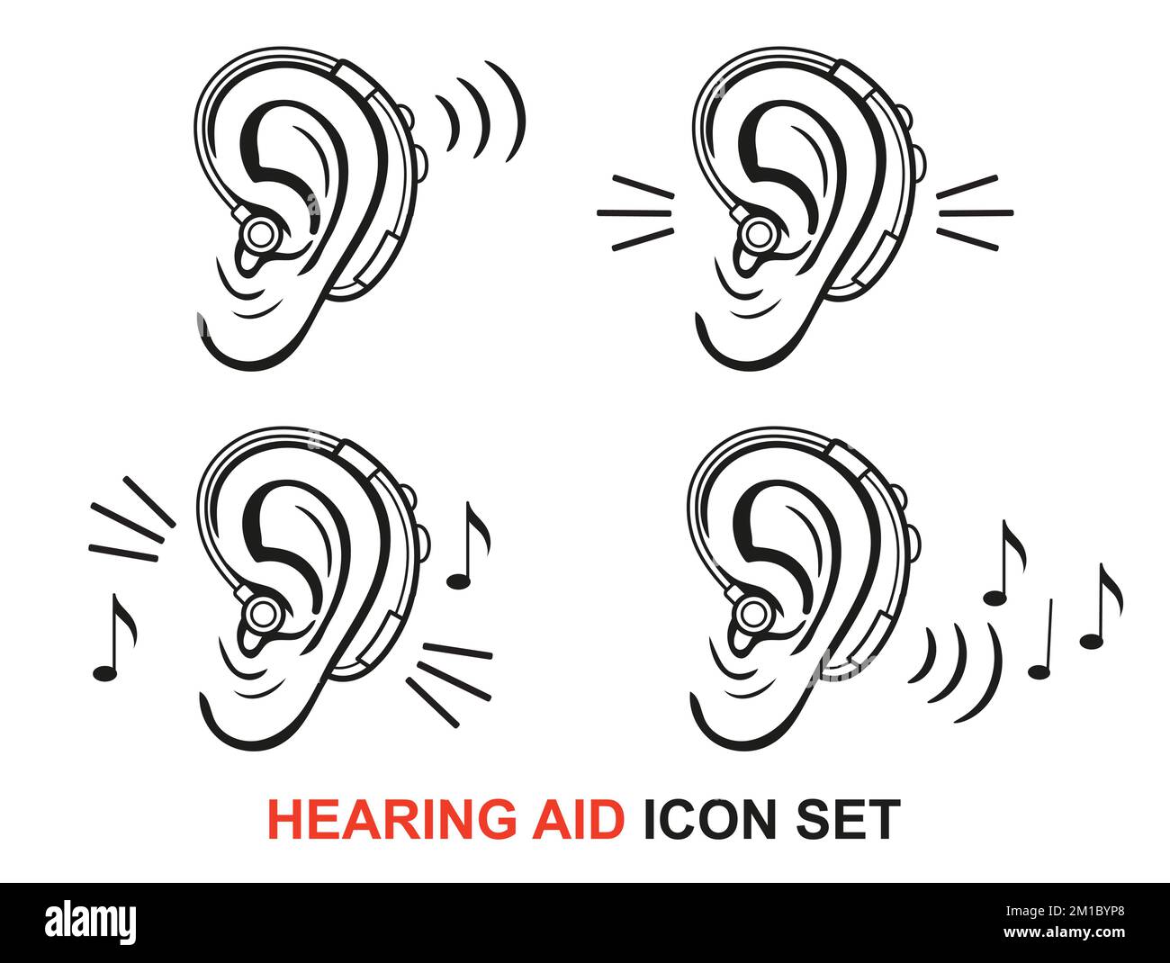 Ear hearing aid for deaf, hear loss, medical auditory device, deafness treatment line icon set. Human sound perception tool. Listen impairment. Vector Stock Vector