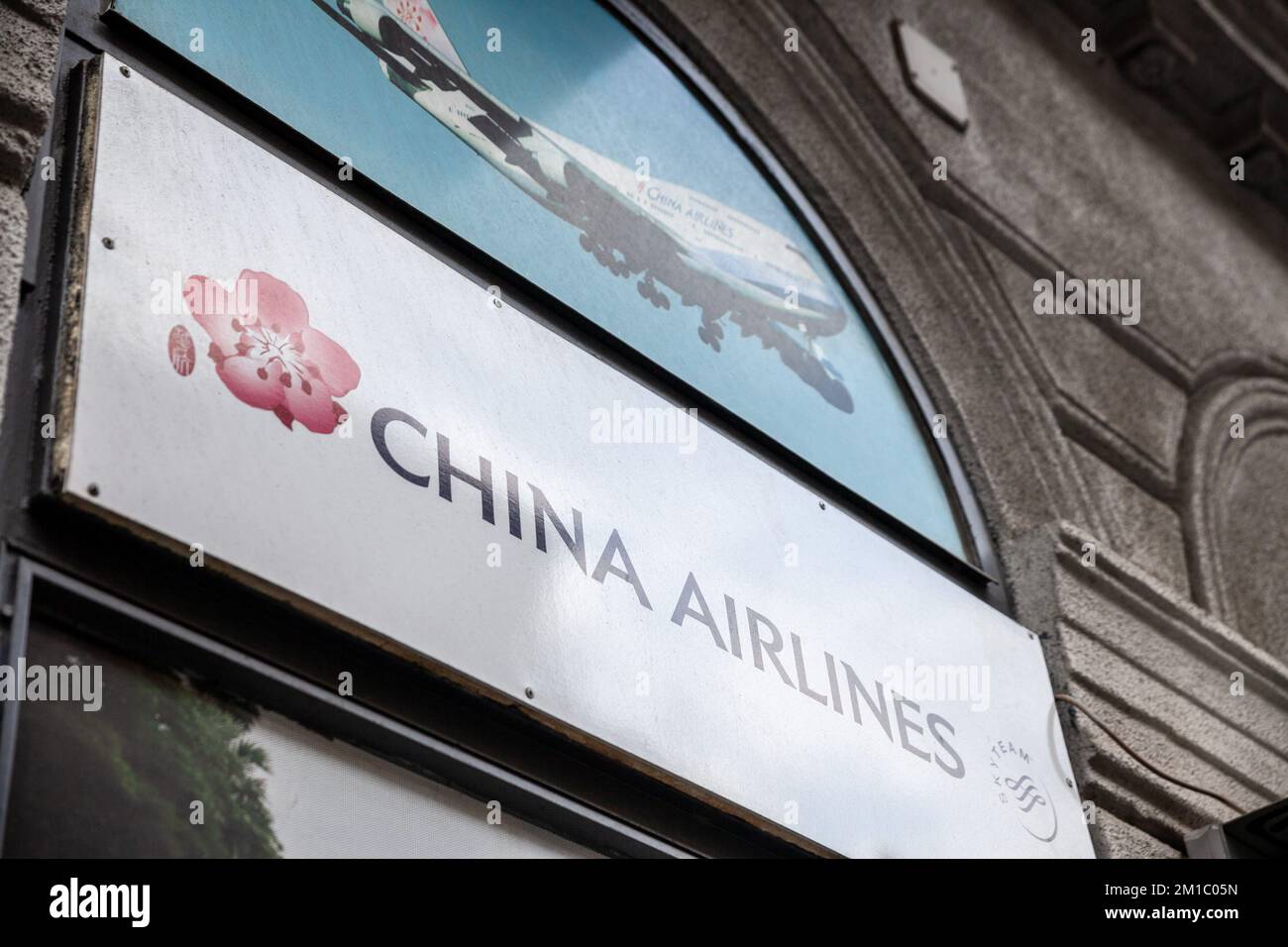 Picture of a sign with the logo of China Airlines in Budapest, Hungary. China Airlines is the state-owned flag carrier of the Republic of China, and o Stock Photo