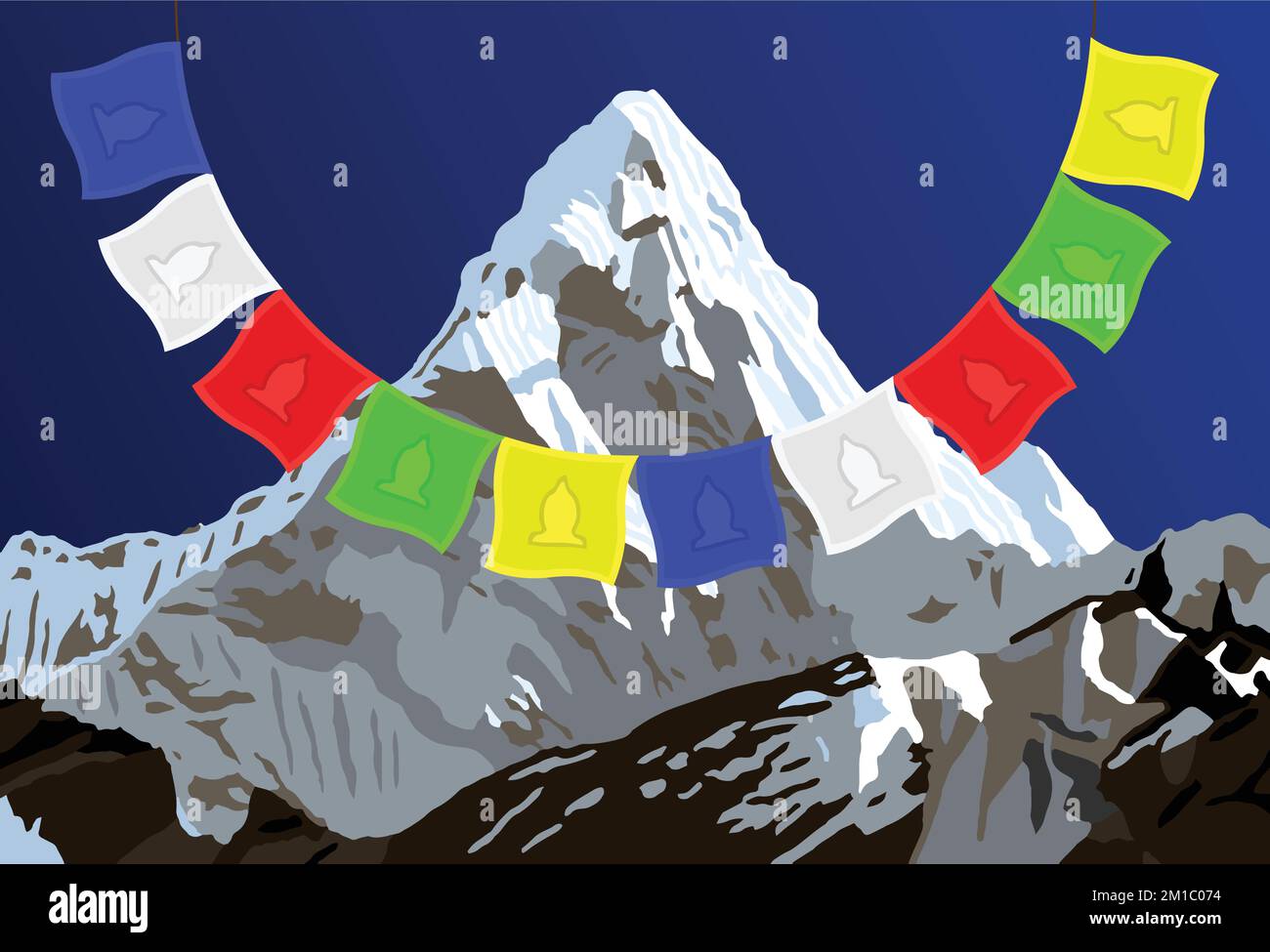 Mount Ama Dablam with prayer flags on blue sky background, Nepal Himalayas mountains, vector illustration logo Stock Vector