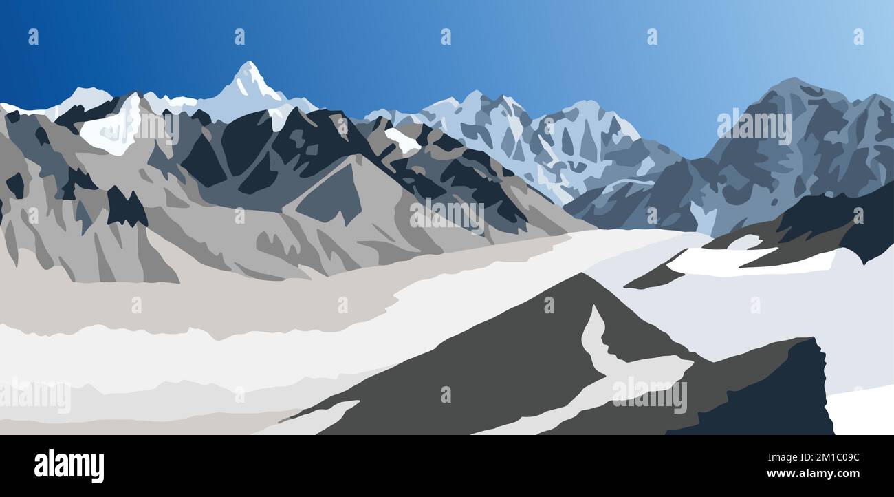 Khumbu glacier, Khumbu valley and Mount Ama Dablam, vector illustration, Nepal Himalaya mountain Stock Vector
