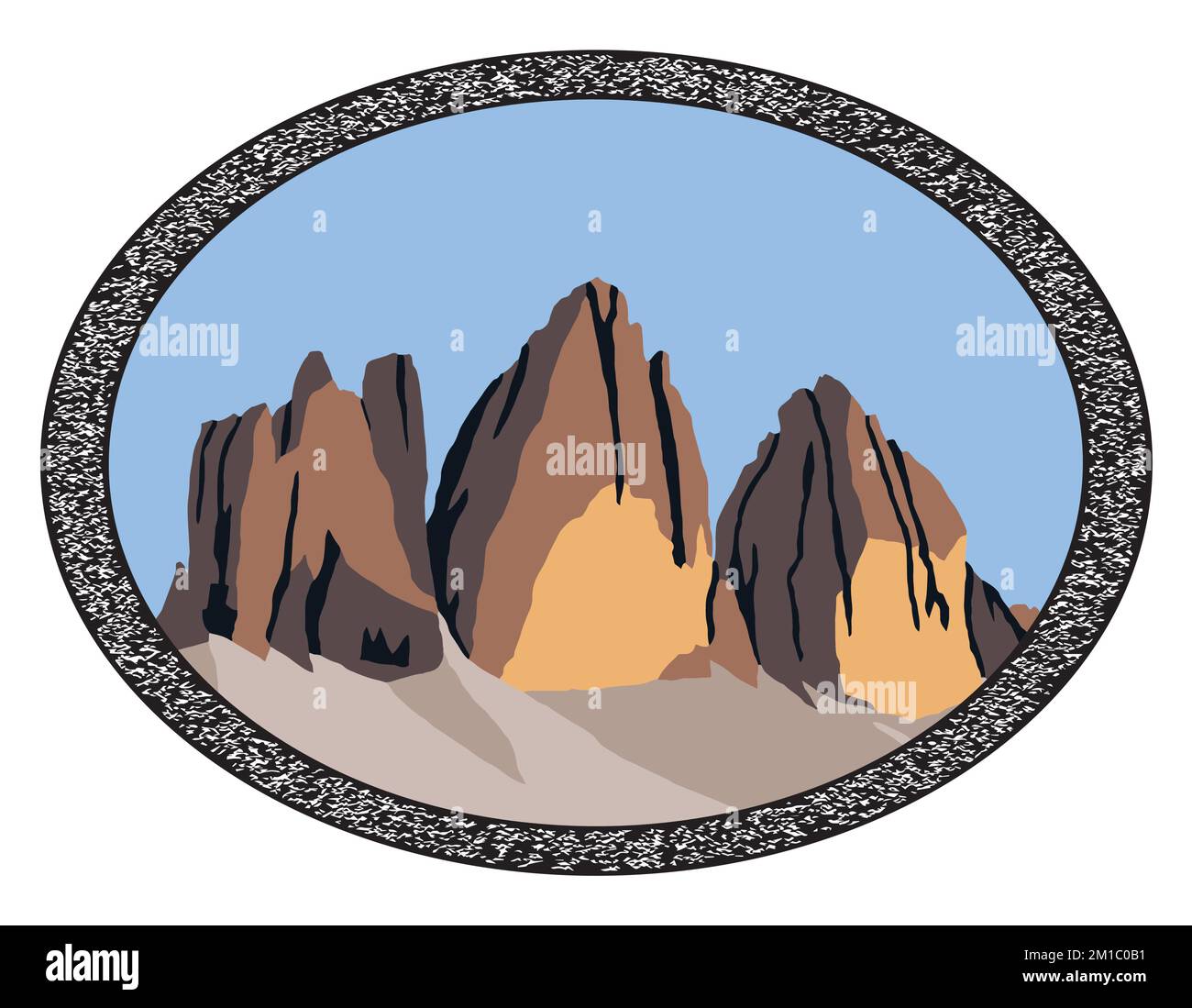 vector illustration Tre cime di Lavaredo inside the ellipse, Dolomites mountais, Italy Stock Vector