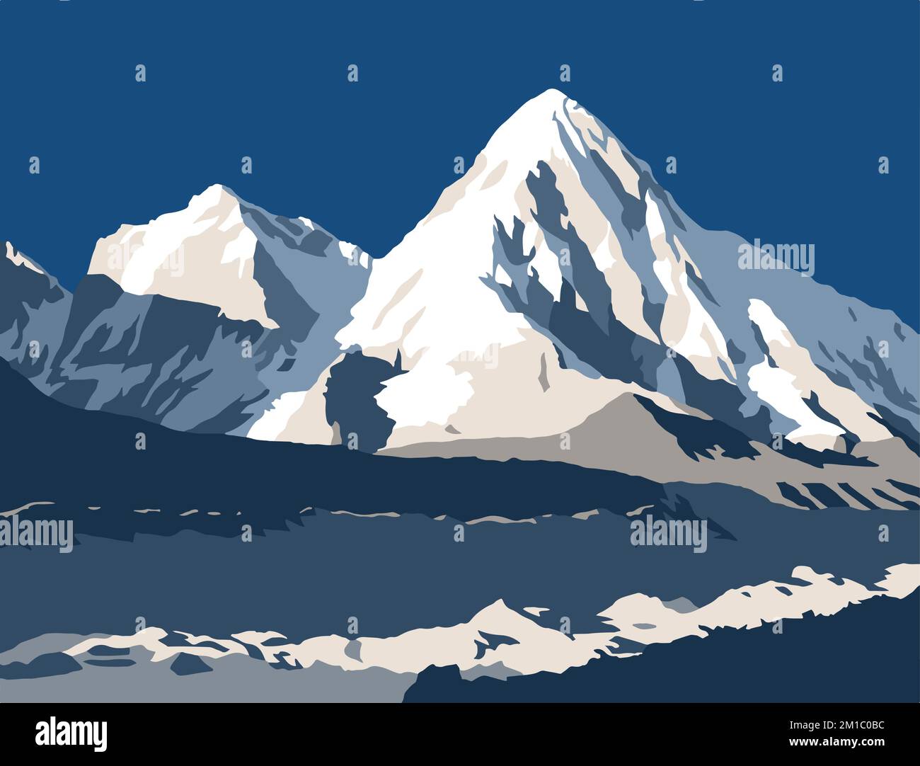 Khumbu glacier and Mount Pumori, vector illustration, Nepal Himalaya mountain Stock Vector