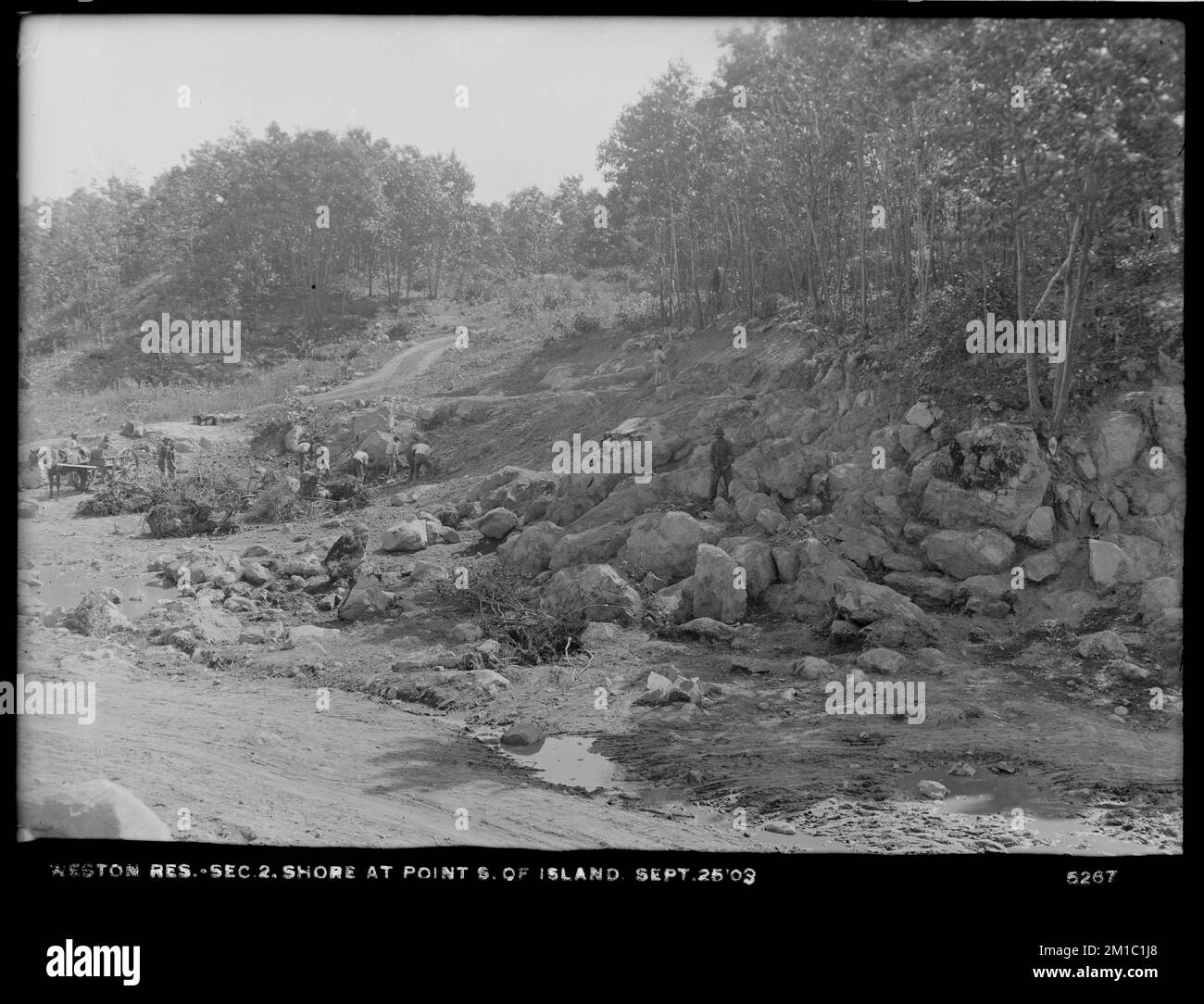 Weston Aqueduct, Weston Reservoir, Section 2, shore at point south of island, Weston, Mass., Sep. 25, 1903 , waterworks, reservoirs water distribution structures, construction sites Stock Photo