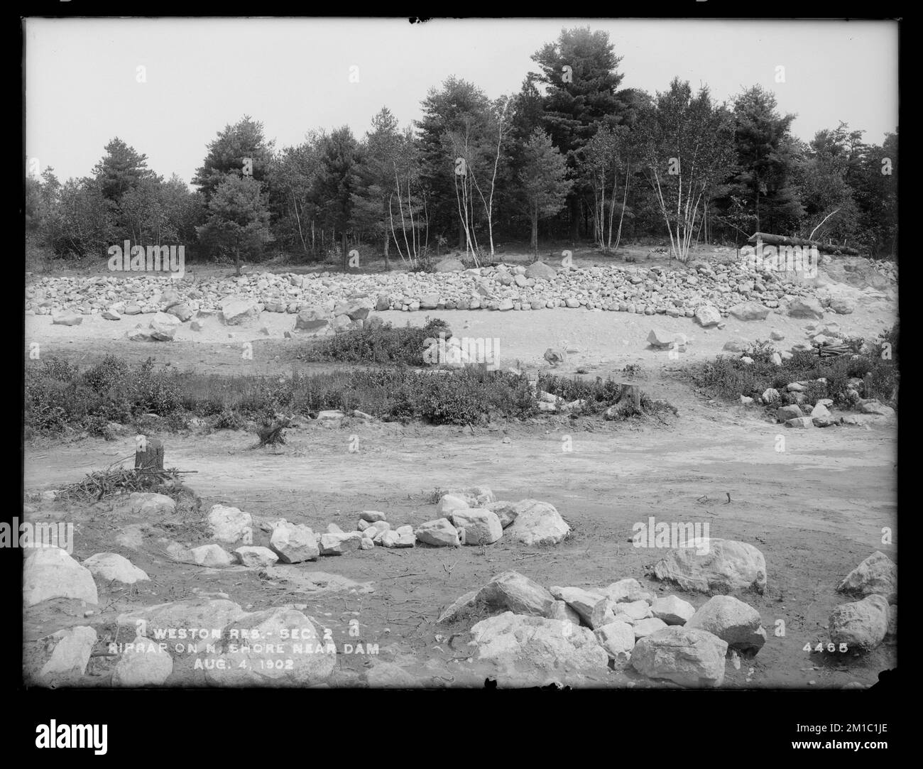 Weston Aqueduct, Weston Reservoir, Section 2, riprap on north shore near dam, Weston, Mass., Aug. 4, 1902 , waterworks, reservoirs water distribution structures, construction sites Stock Photo