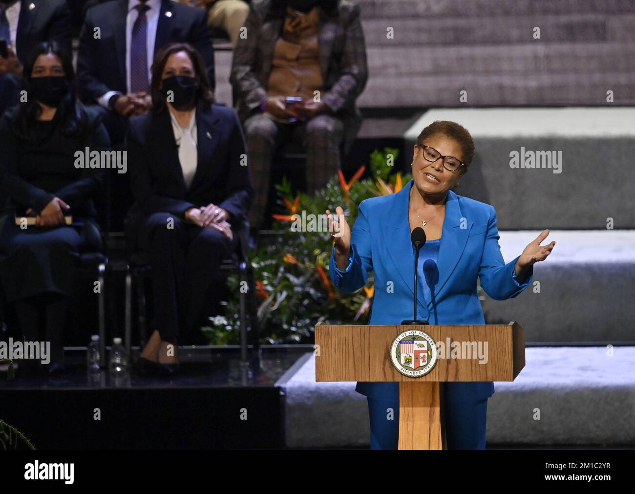 Los Angeles, United States. 11th Dec, 2022. Karen Bass addresses supporters after being sworn in as mayor of Los Angeles by Vice President Kamala Harris, a longtime friend and former California attorney general, at the Microsoft Theater in Los Angeles on Sunday, December 11, 2022. Photo by Jim Ruymen/UPI Credit: UPI/Alamy Live News Stock Photo