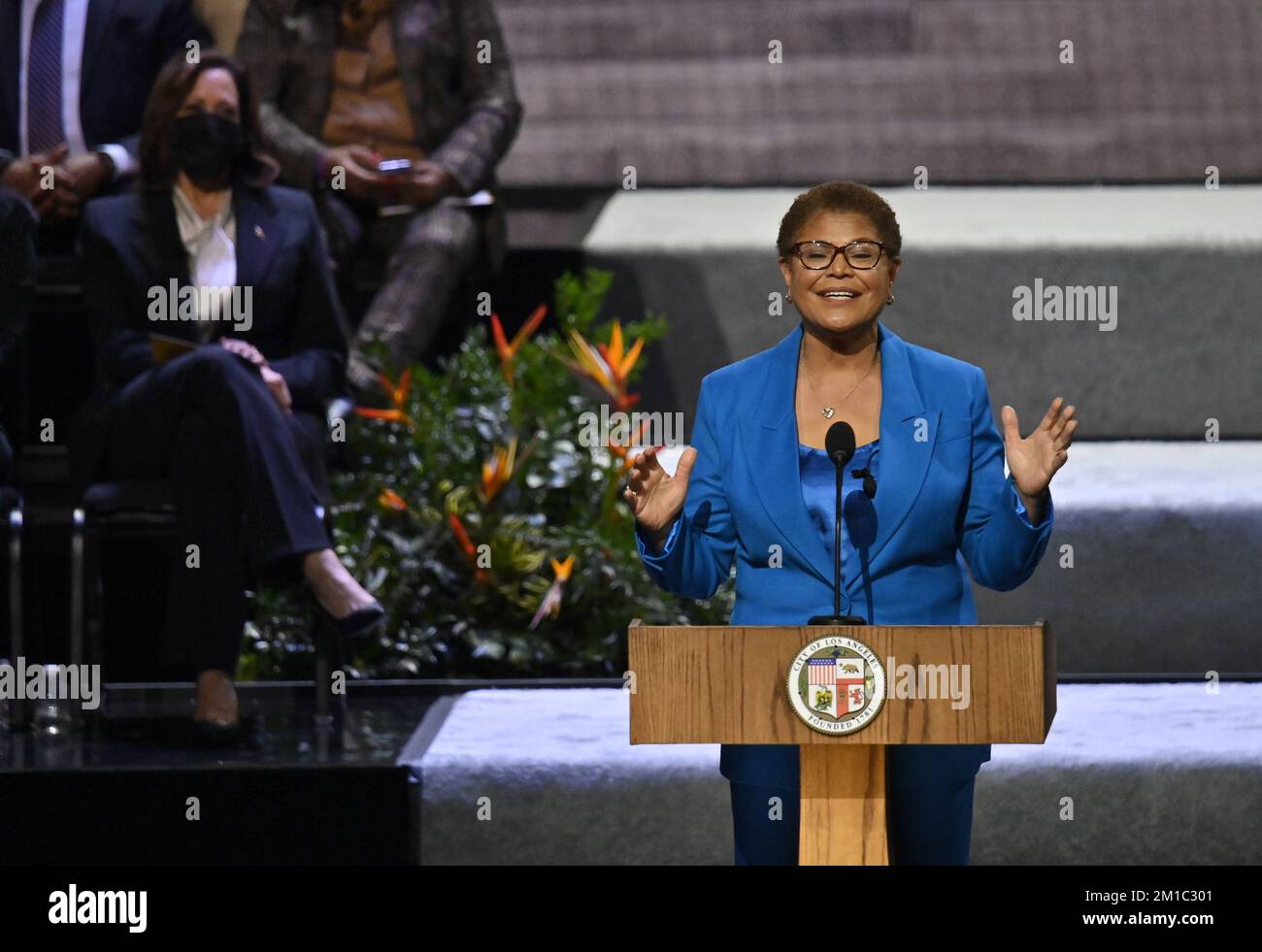 Los Angeles, United States. 11th Dec, 2022. Karen Bass addresses supporters after being sworn in as mayor of Los Angeles by Vice President Kamala Harris, a longtime friend and former California attorney general, at the Microsoft Theater in Los Angeles on Sunday, December 11, 2022. Photo by Jim Ruymen/UPI Credit: UPI/Alamy Live News Stock Photo