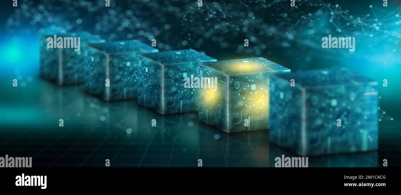 Cube technology on Converging point of circuit with Abstract blue background. Blockchain Network System. Big data storage processing, Cloud data. Stock Photo