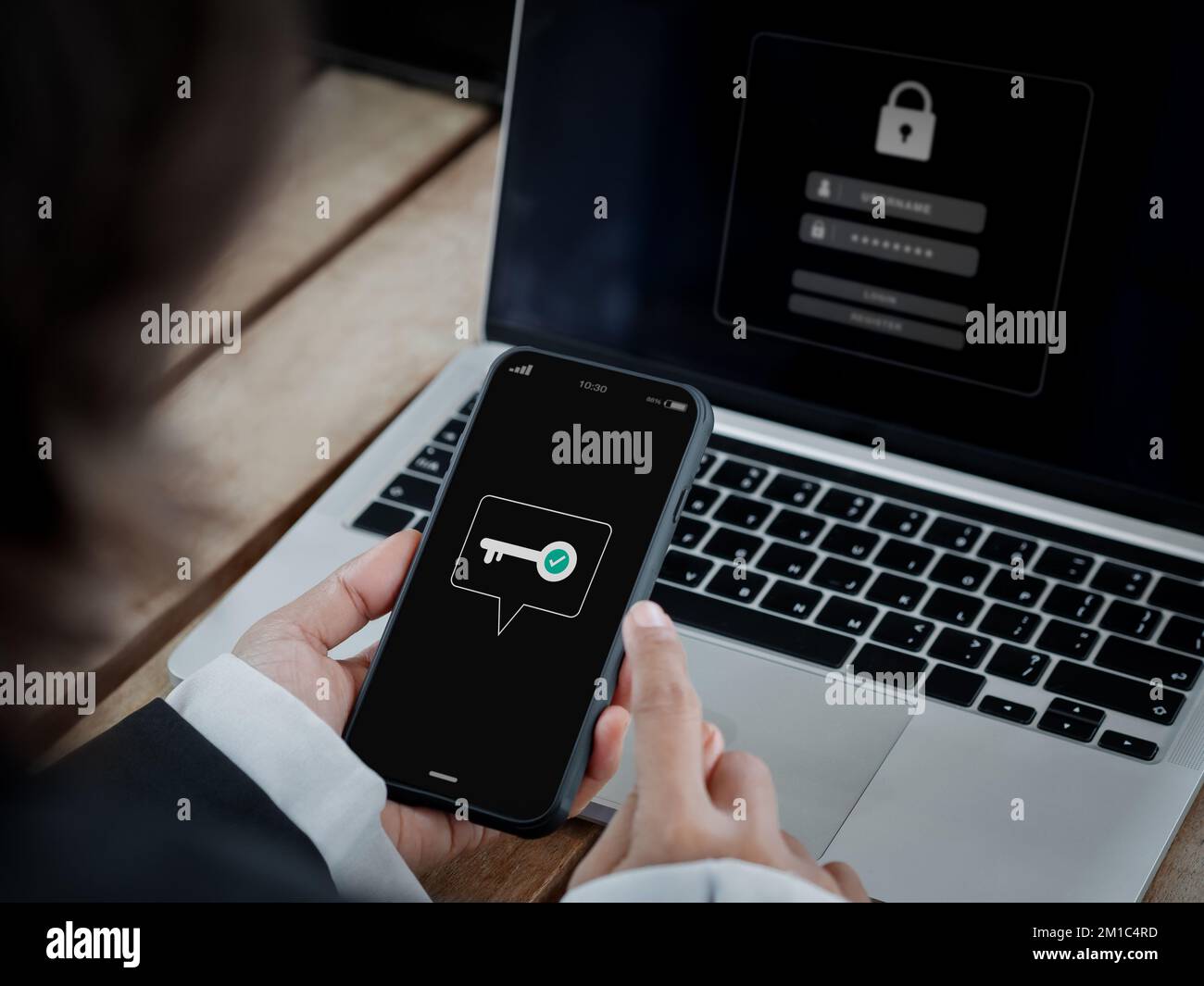 Two-factor authentication (2FA) concept. Key icon on smart phone screen ...