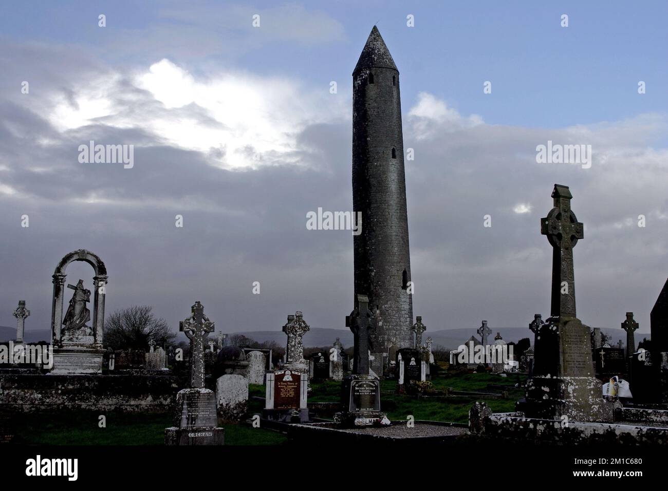 Kilmacgduagh Round Tower, St.Coleman's monastery, County Galway, Ireland Stock Photo