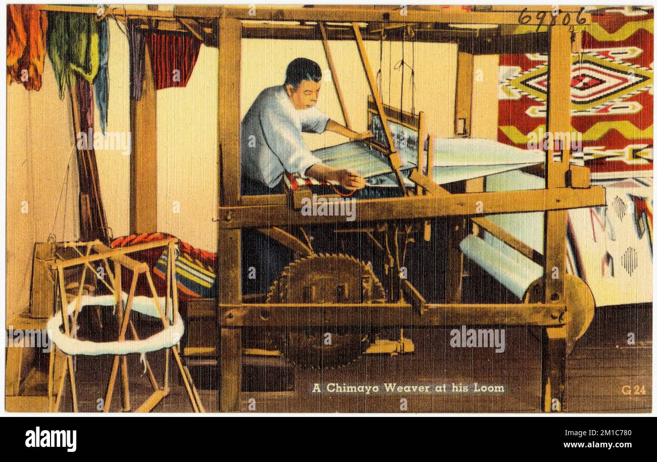 A Chimayo weaver at his loom , Tichnor Brothers Collection, postcards