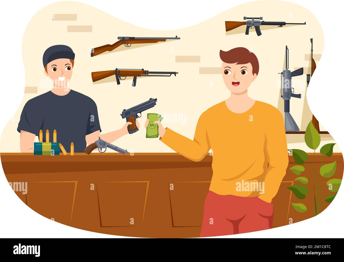 Gun Shop or Hunting with Rifle, Bullet, Weapon and Hunt Equipment in