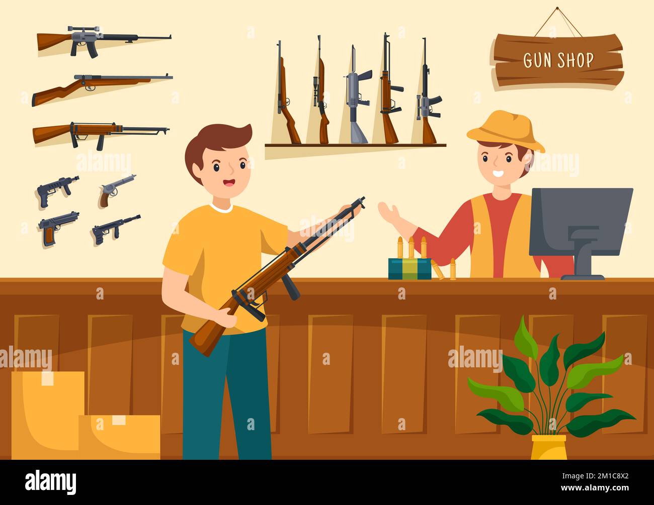 Gun Shop or Hunting with Rifle, Bullet, Weapon and Hunt Equipment in Flat Style Cartoon Hand Drawn Templates Illustration Stock Vector