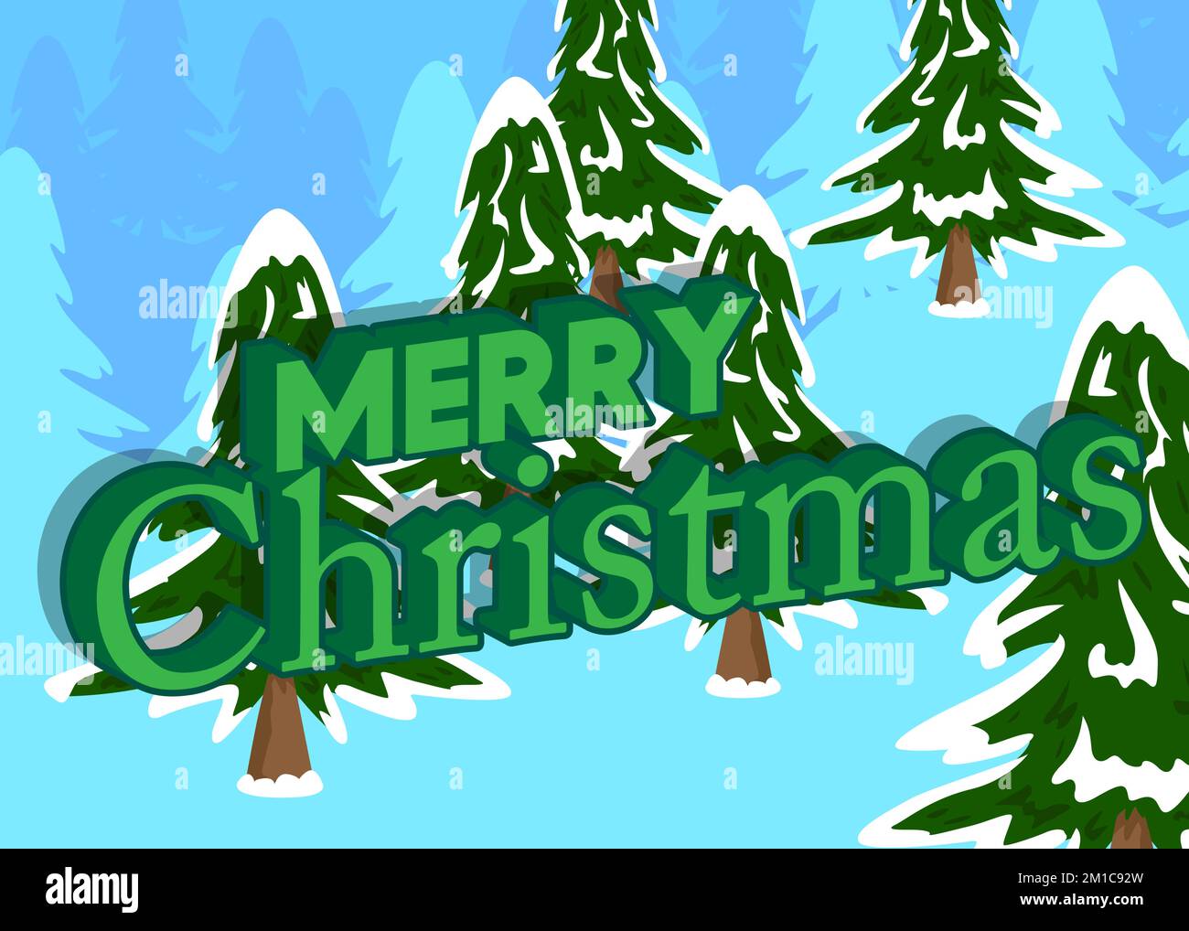 Pine Tree with Merry Christmas text. Winter holiday vector cartoon illustration. Stock Vector