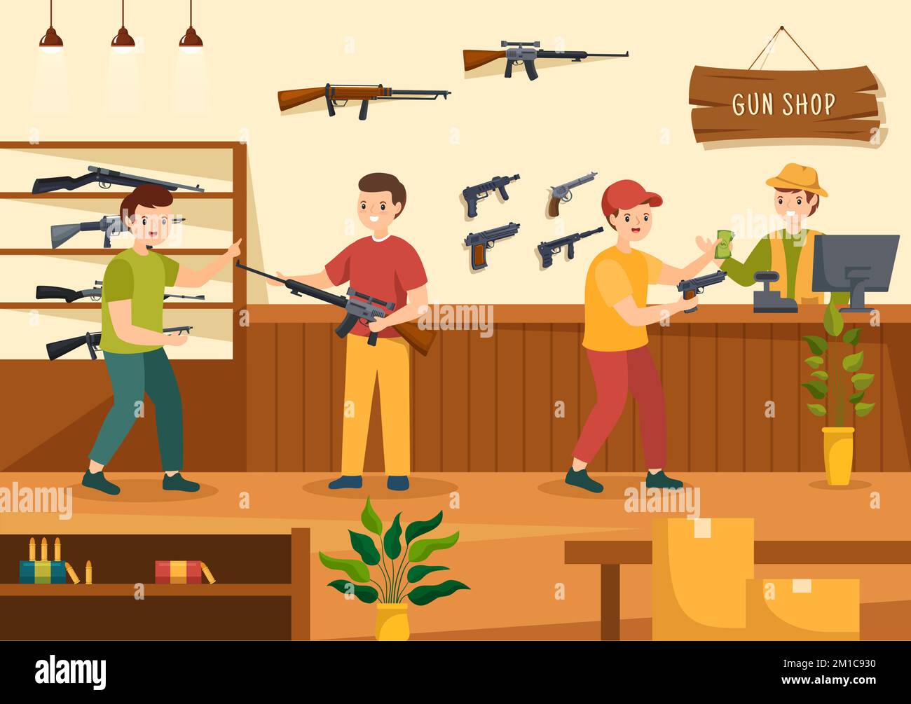 Gun Shop or Hunting with Rifle, Bullet, Weapon and Hunt Equipment in