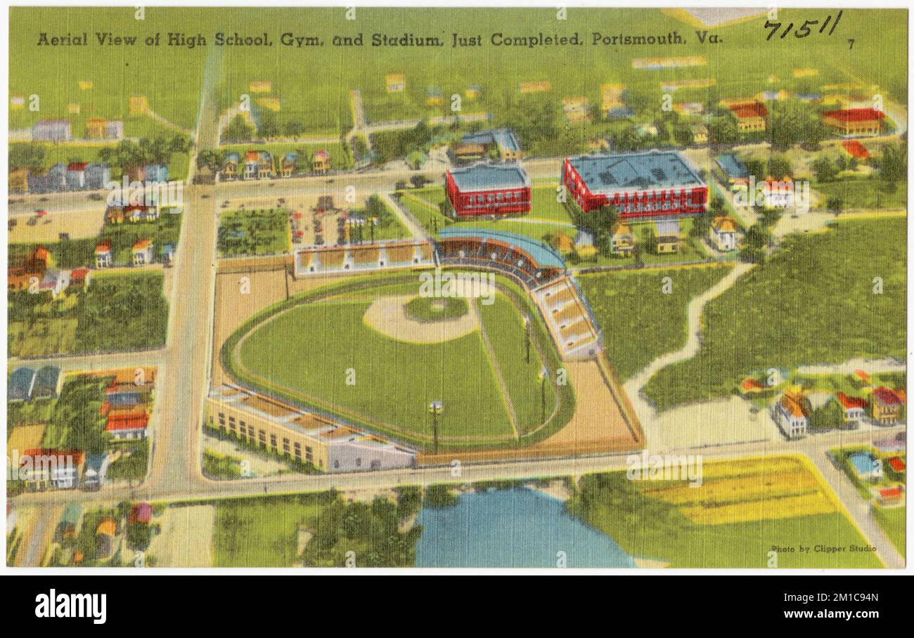 Aerial view of high school, gym, and stadium, just completed