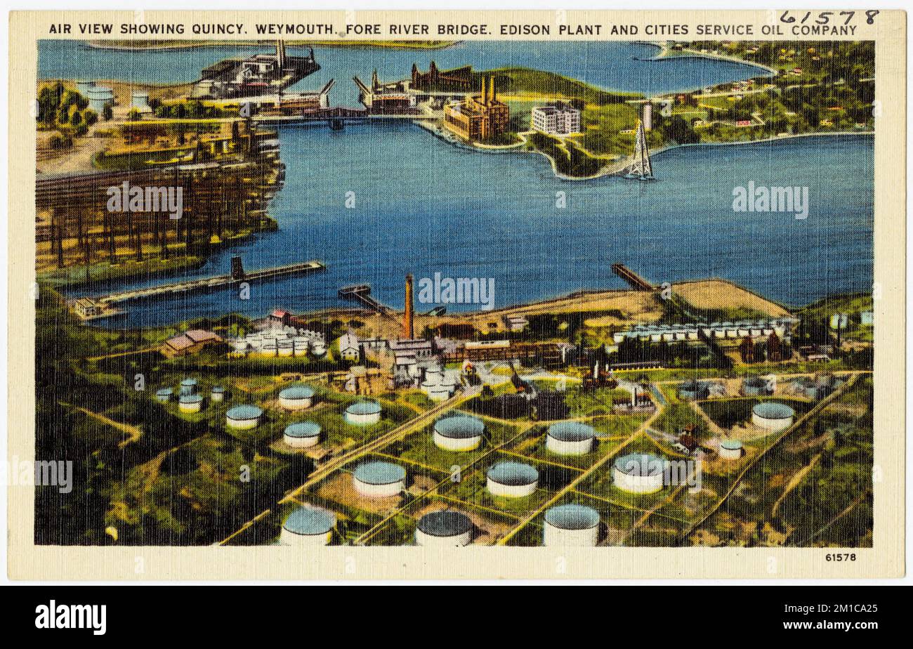 Air view showing Quincy, Weymouth, Fore River Bridge, Edison Plant and