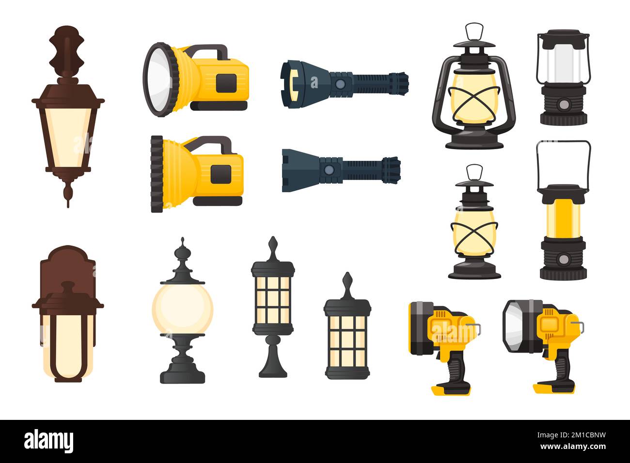Set of modern flashlight and retro style street lamps vector illustration isolated on white background Stock Vector