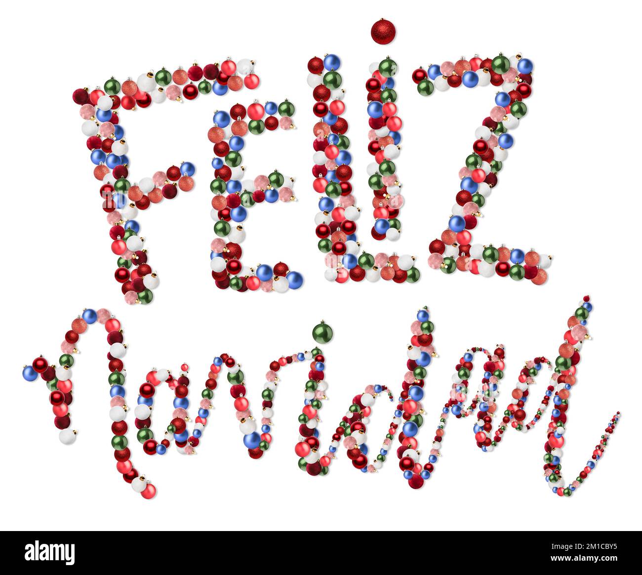 Text FELIZ NAVIDAD (Spanish for Merry Christmas) made of baubles on white background Stock Photo