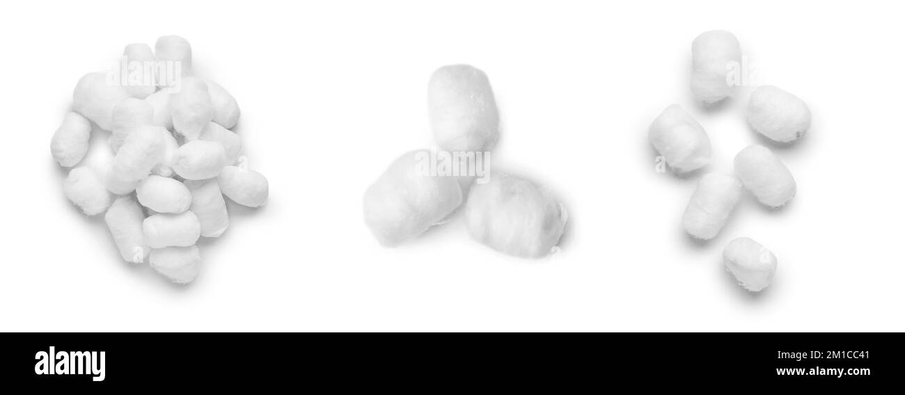 Collage of soft cotton balls on white background, top view Stock Photo