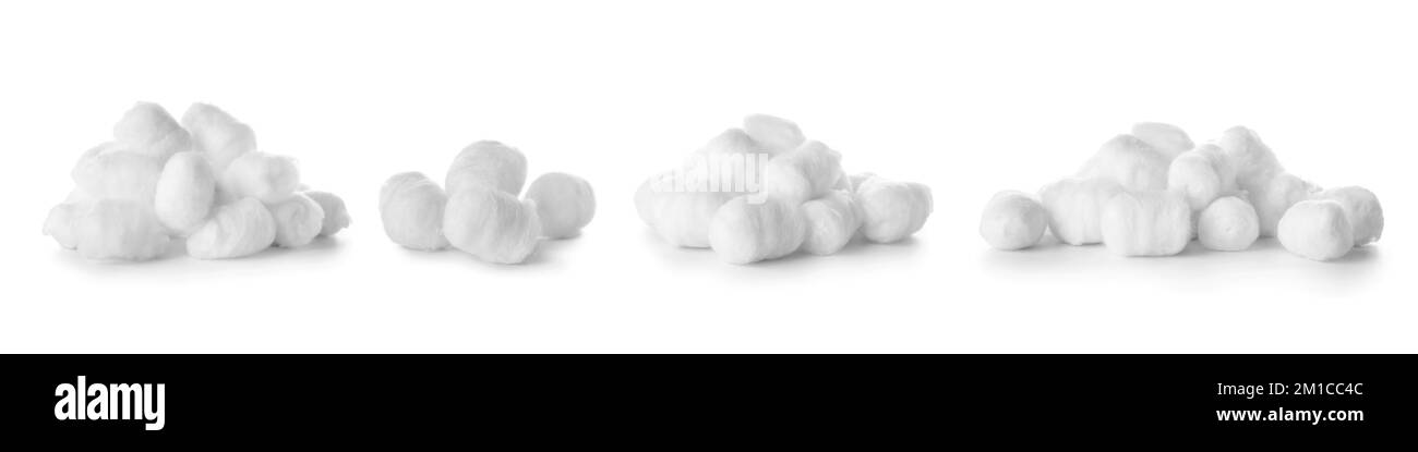 Collage of soft cotton balls on white background Stock Photo