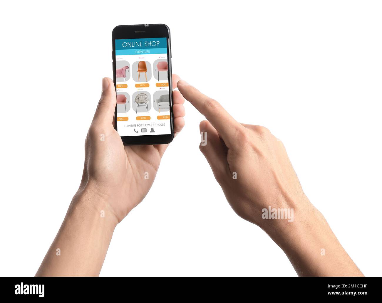 Male hands holding mobile phone with open page of furniture store on