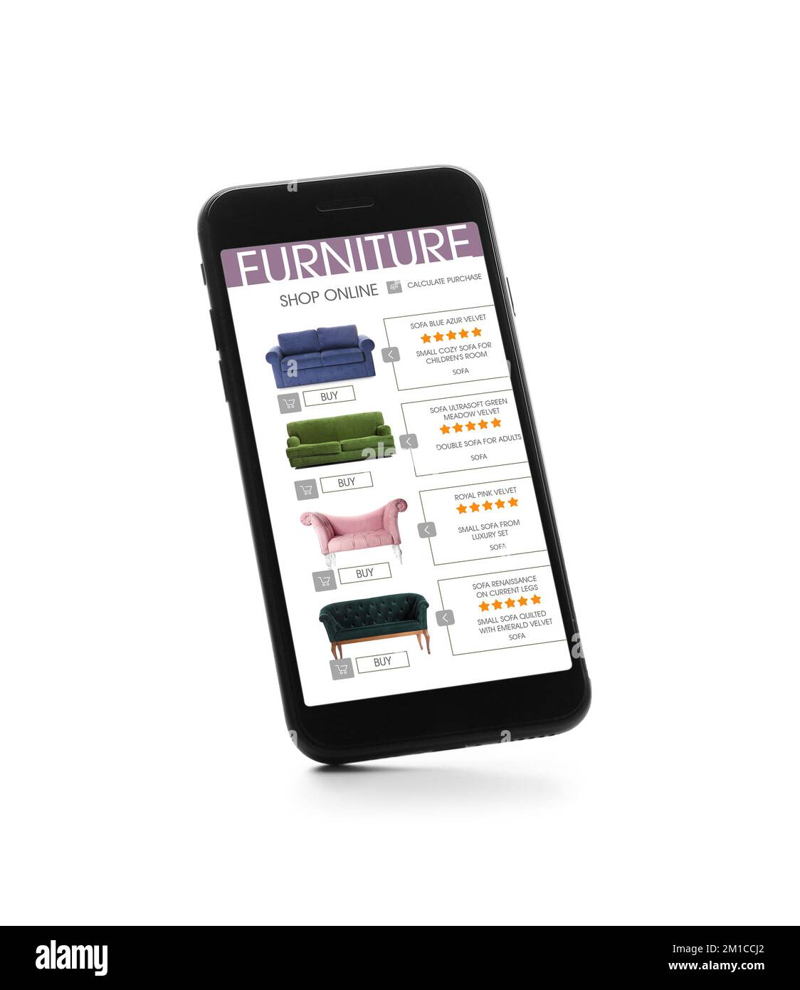 Mobile phone with open page of furniture store on screen against white