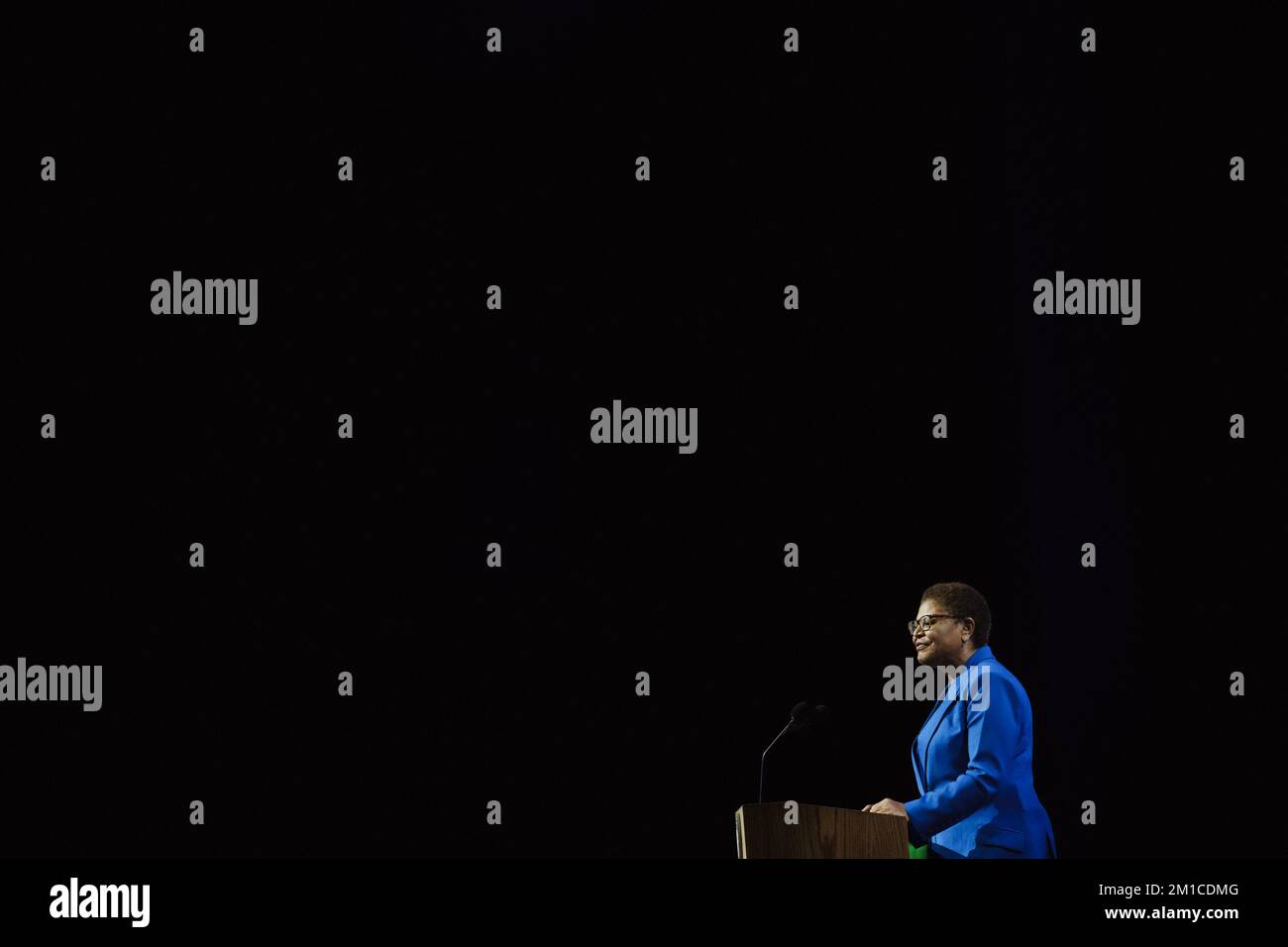 Los Angeles, United States. 11th Dec, 2022. Karen Bass, mayor of Los Angeles, California, speaks during an inaugural ceremony in Los Angeles, California on Sunday, December 11, 2022. A six-term congresswomen, Bass last month was elected as the first female and second Black mayor of Los Angeles running on a platform that emphasized her beginnings as a community organizer and experience as a veteran legislator in Sacramento and Washington. Photo by Eric Thayer/UPI Credit: UPI/Alamy Live News Stock Photo