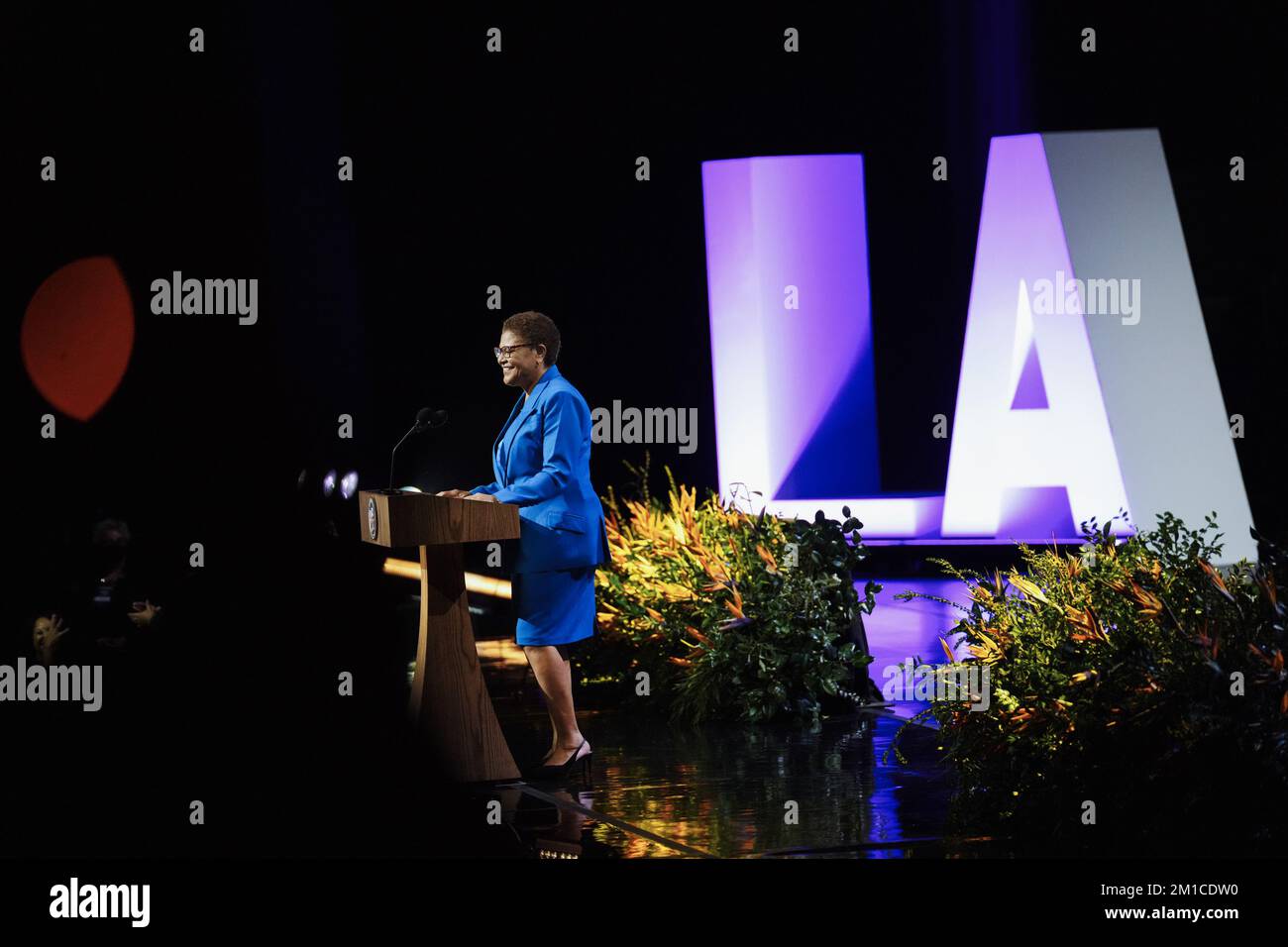 Los Angeles, United States. 11th Dec, 2022. Karen Bass, mayor of Los Angeles, California, speaks during an inaugural ceremony in Los Angeles, California on Sunday, December 11, 2022. A six-term congresswomen, Bass last month was elected as the first female and second Black mayor of Los Angeles running on a platform that emphasized her beginnings as a community organizer and experience as a veteran legislator in Sacramento and Washington. Photo by Eric Thayer/UPI Credit: UPI/Alamy Live News Stock Photo