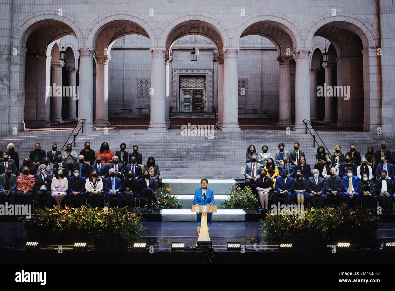 Los Angeles, United States. 11th Dec, 2022. Karen Bass, mayor of Los Angeles, California, speaks during an inaugural ceremony in Los Angeles, California on Sunday, December 11, 2022. A six-term congresswomen, Bass last month was elected as the first female and second Black mayor of Los Angeles running on a platform that emphasized her beginnings as a community organizer and experience as a veteran legislator in Sacramento and Washington. Photo by Eric Thayer/UPI Credit: UPI/Alamy Live News Stock Photo