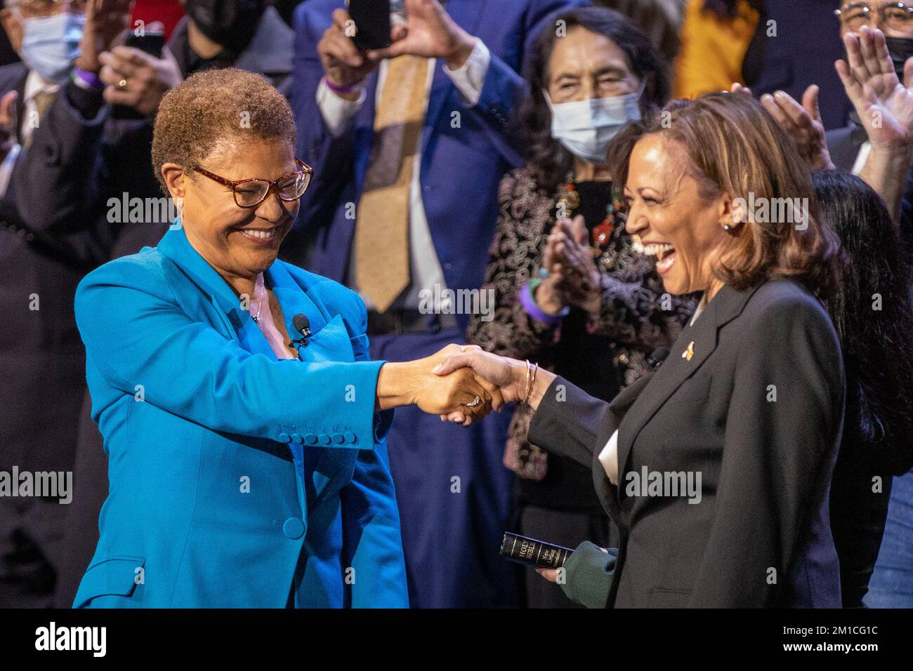 Los Angeles, USA. 11th Dec, 2022. Karen Bass is sworn in as Mayor of Los Angeles by Vice President Kamala Harris on December 11, 2022 at the Microsoft Theater in Los Angeles, California. Credit: Maxim Elramsisy/Alamy Live News Stock Photo